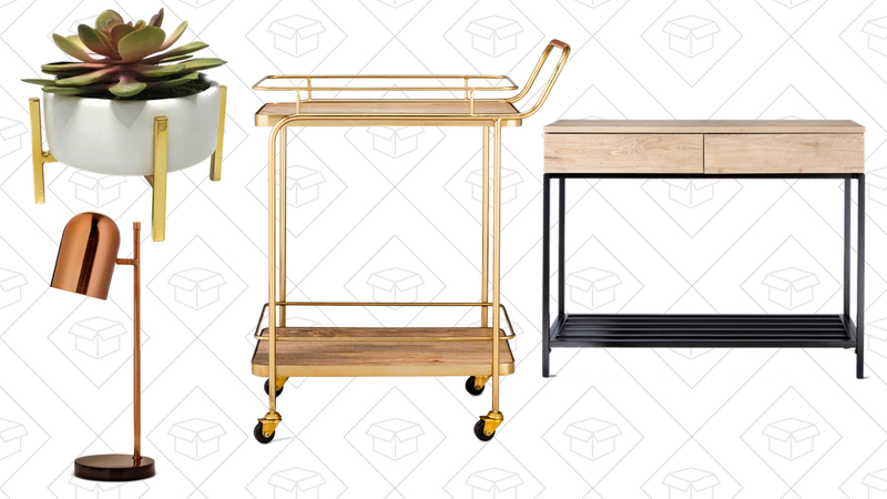 Artificial Succulent, $16 | Copper Table Lamp, $45 | Metal, Wood, and Leather Bar Cart, $117 | Darley Console Table, $104